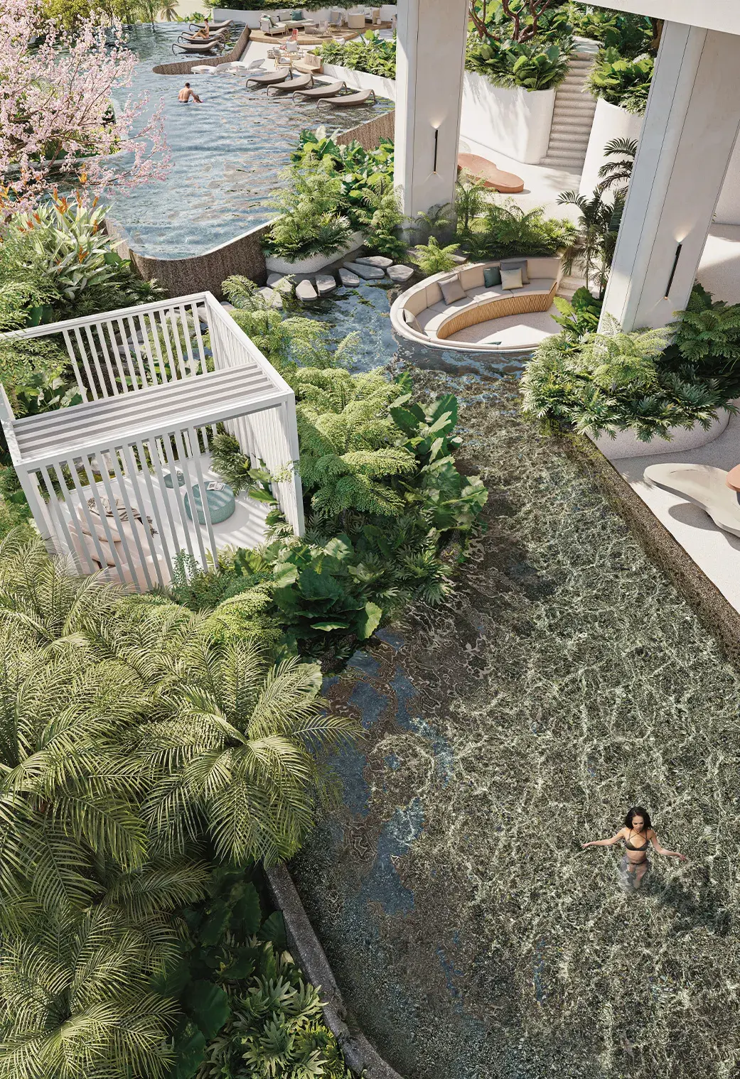 Aerial rendering of Bioma's roof garden, with a white pergola, plunge pool and dense planting