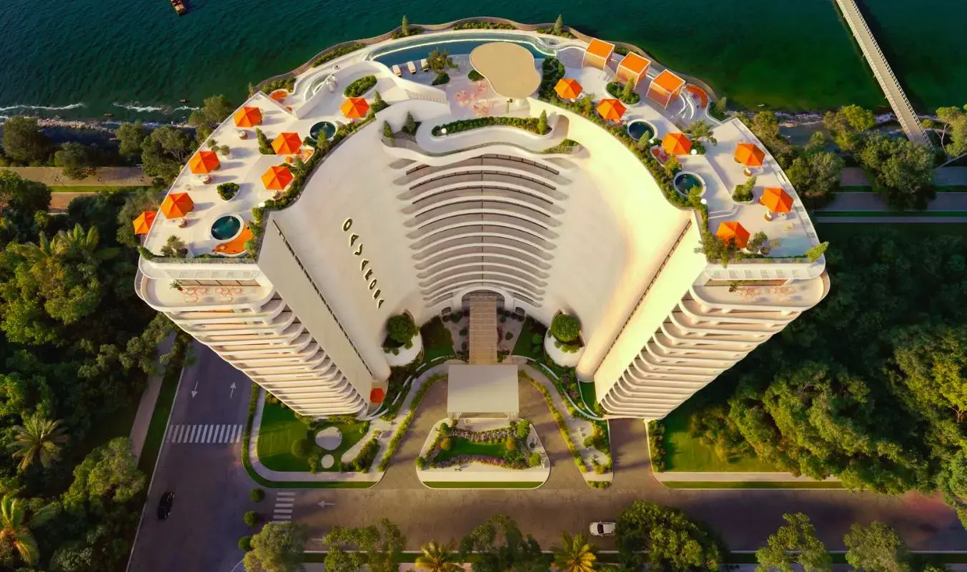 Aerial rendering of Cavarossa, showing the building's fanned form and its terraced rooftop decks