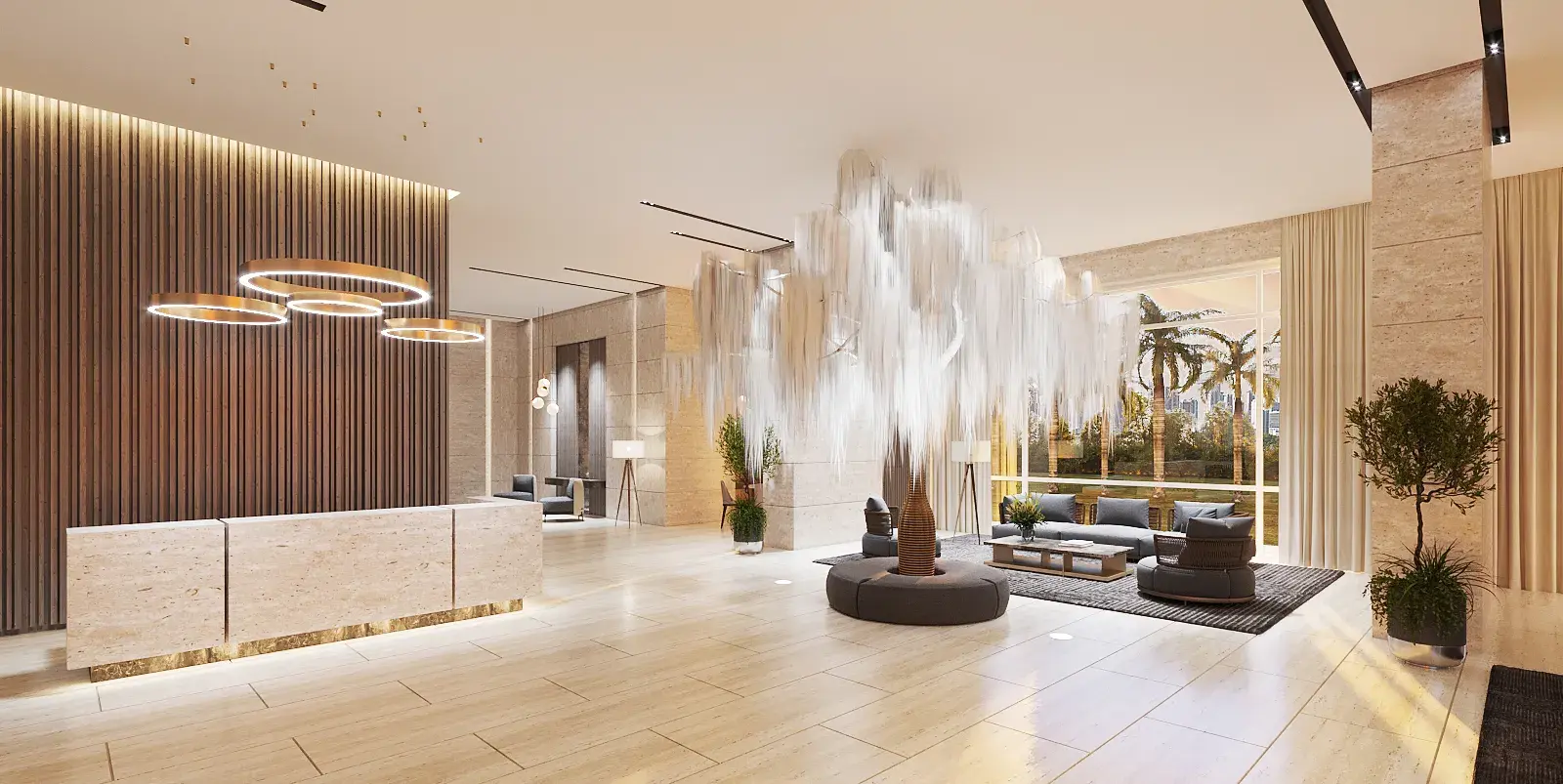 The Celeste lobby, with a sculptural water feature, ring lighting and lounge seating