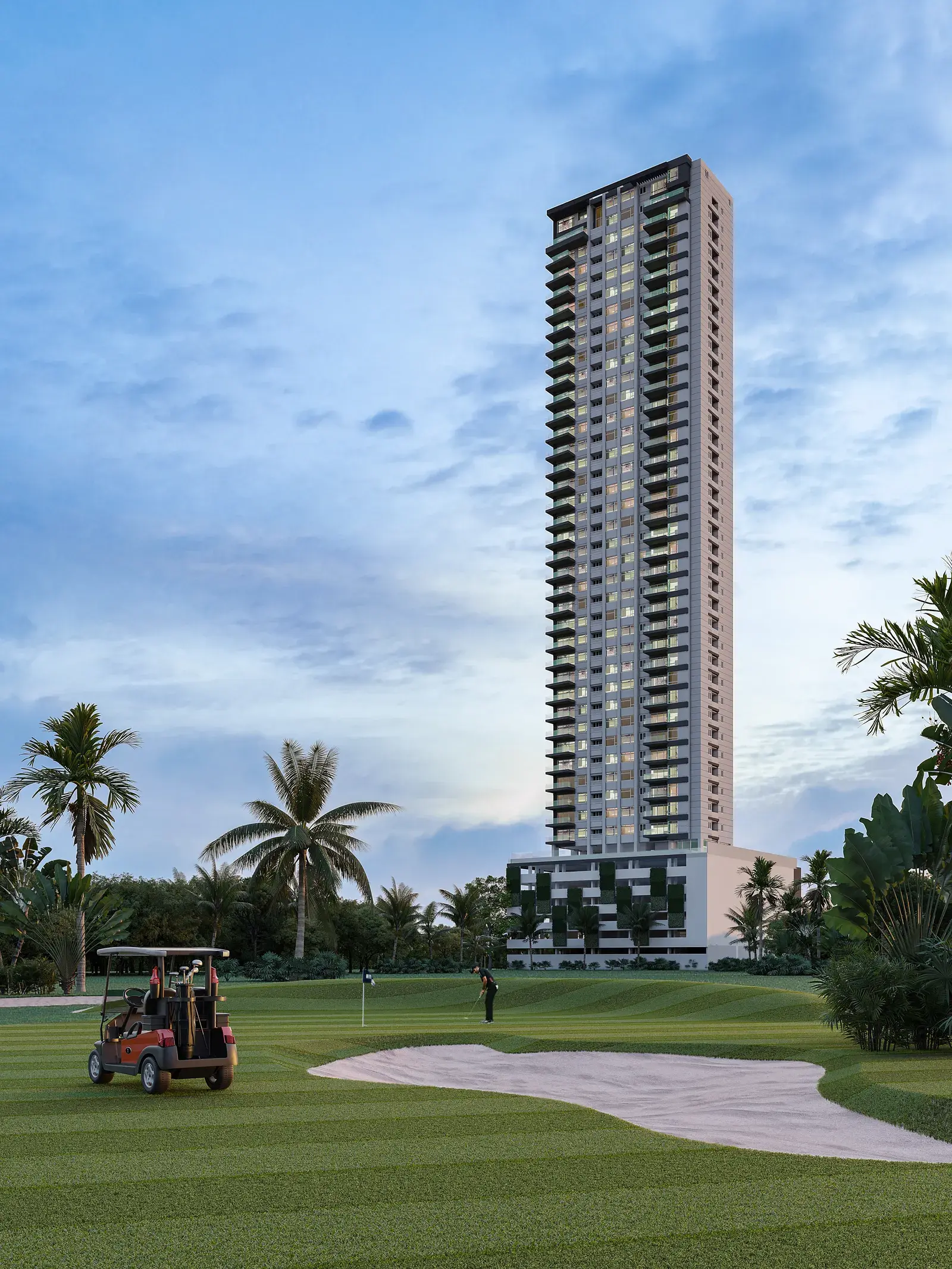 Rendering of the Celeste tower rising above the palms of the Santa María golf course