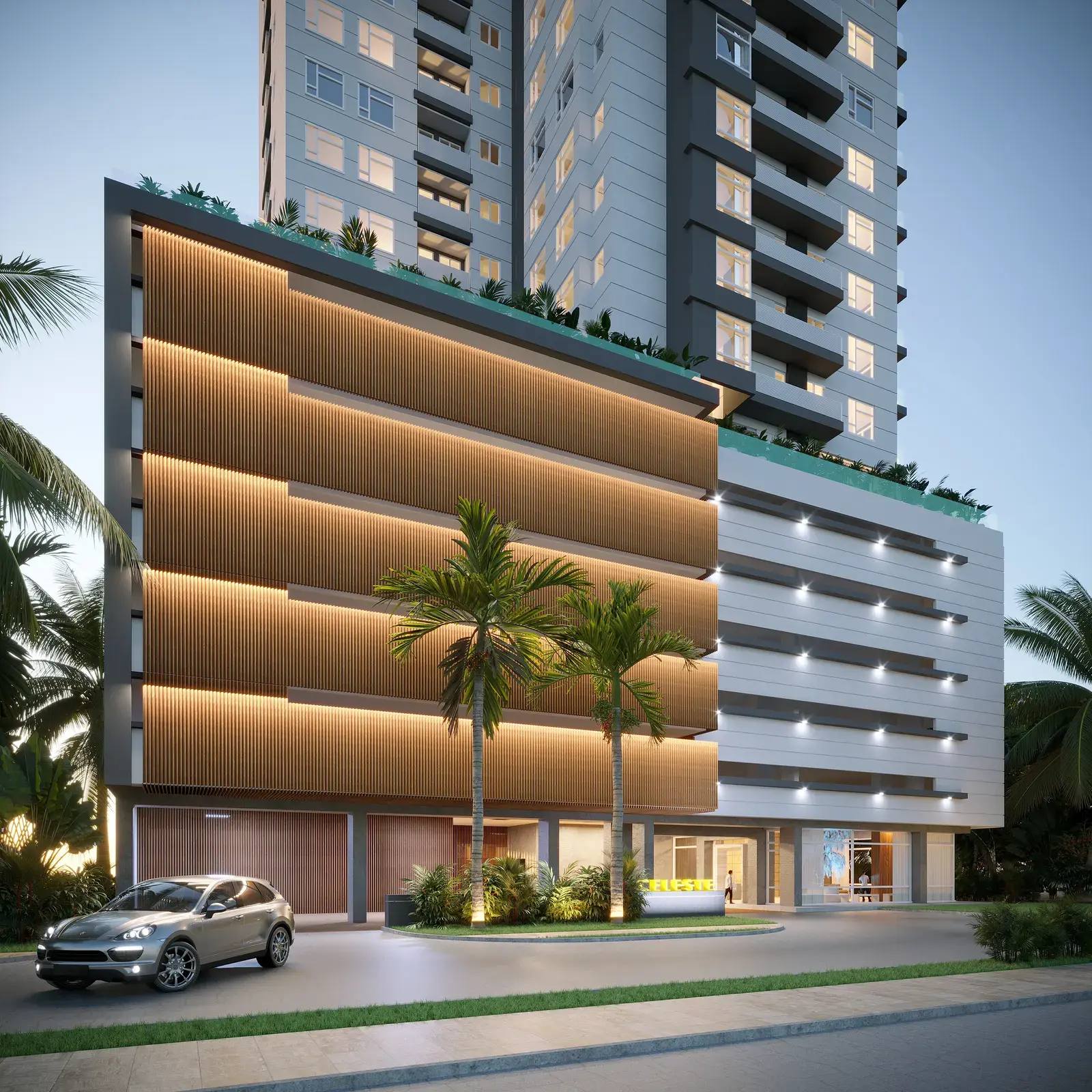 Rendering of the Celeste podium, with timber-screened balconies and planted terraces above the entrance