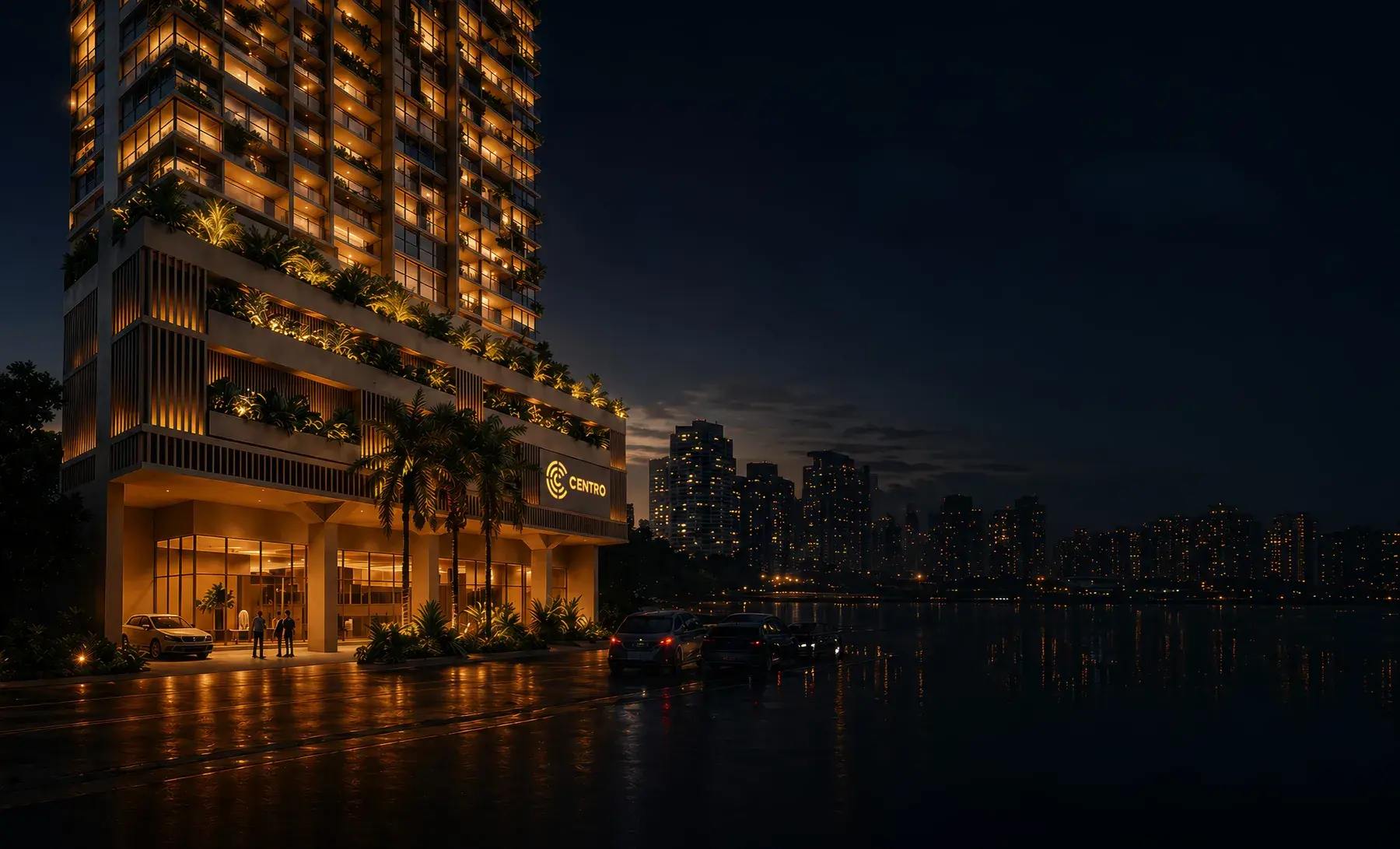 Rendering of the Centro Obarrio tower lit at night, its balconies and planted podium glowing above the street with the city beyond