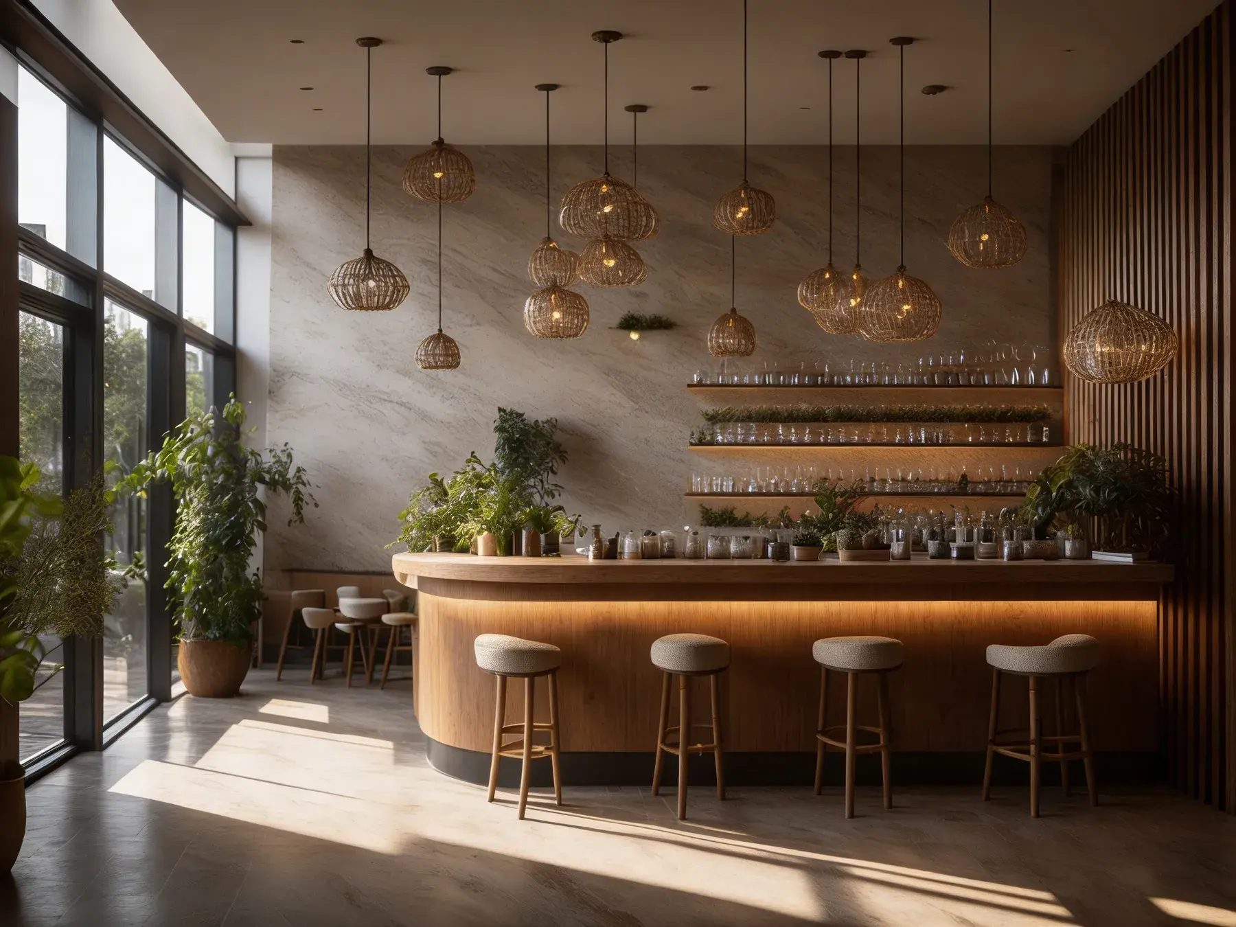 The chef kitchen and bar at Centro Obarrio, with woven pendant lights, a curved timber counter and glassware on open shelving