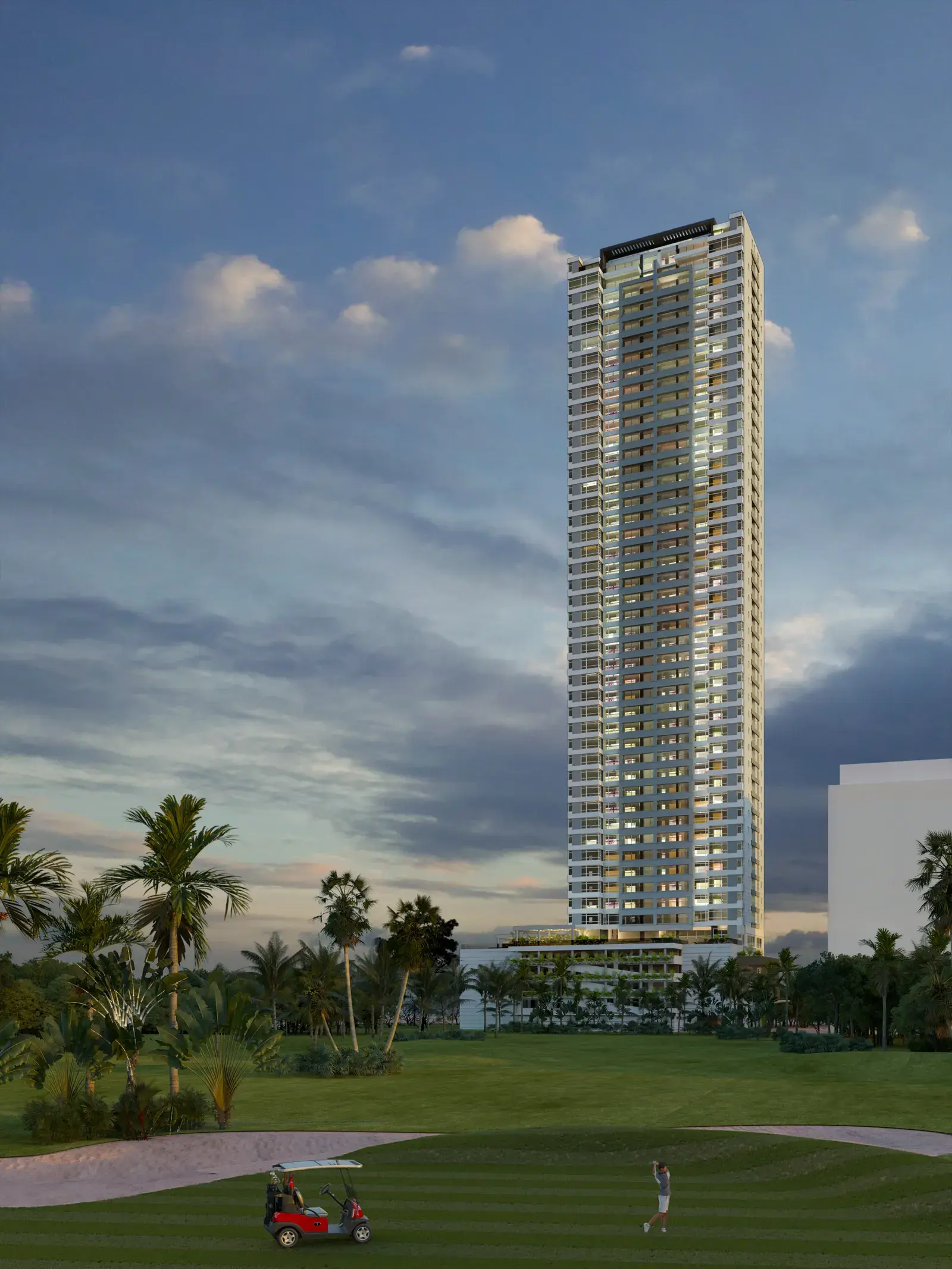 Rendering of Guayacán against an evening sky, with palms in the foreground