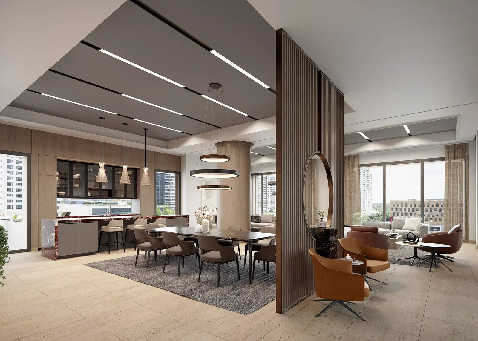 The Madero residents' lounge and bar, with linear lighting and a mix of dining and armchair seating