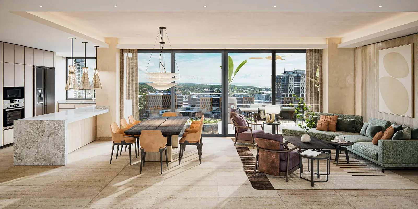 A Madero apartment interior, with a dining table and living area opening onto a terrace over Costa del Este