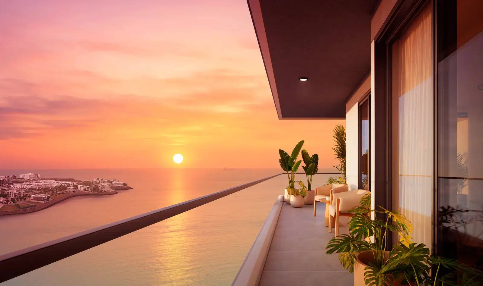 Sunset from a Mantra terrace, the pool edge running out towards the Pacific