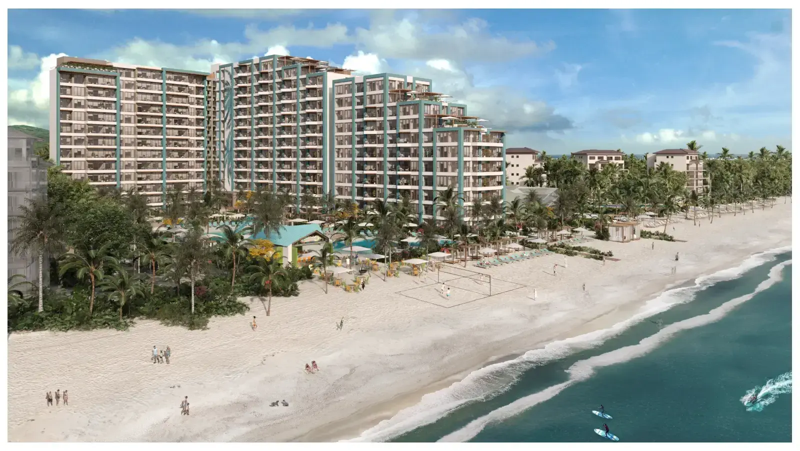 Rendering of the Margaritaville buildings along the shoreline at Playa Caracol, with surf breaking on the sand