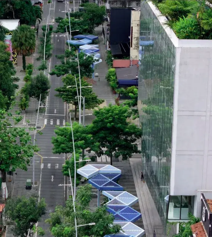 Looking down from the Seaside tower to the tree-lined street below