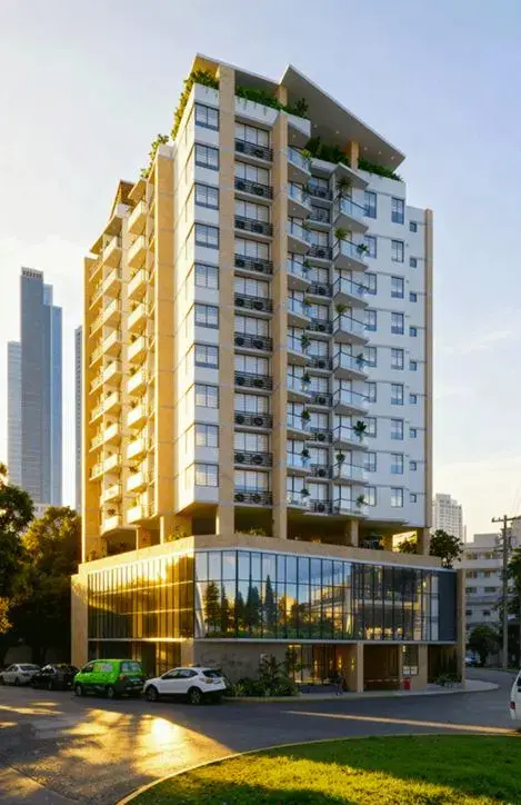 Rendering of the Silver Bay tower, with stacked balconies above a glazed podium