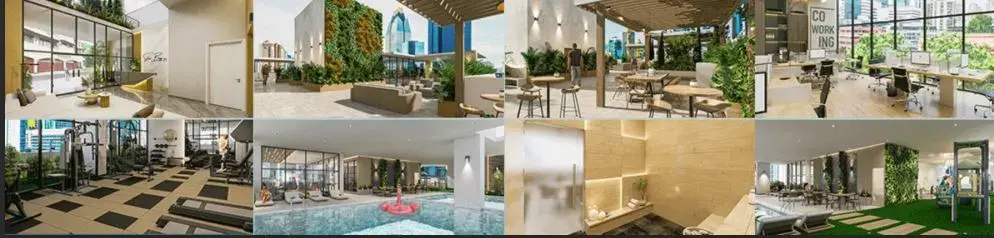 Silver Bay's pool terrace and interior amenity spaces, with pergola seating beside the water