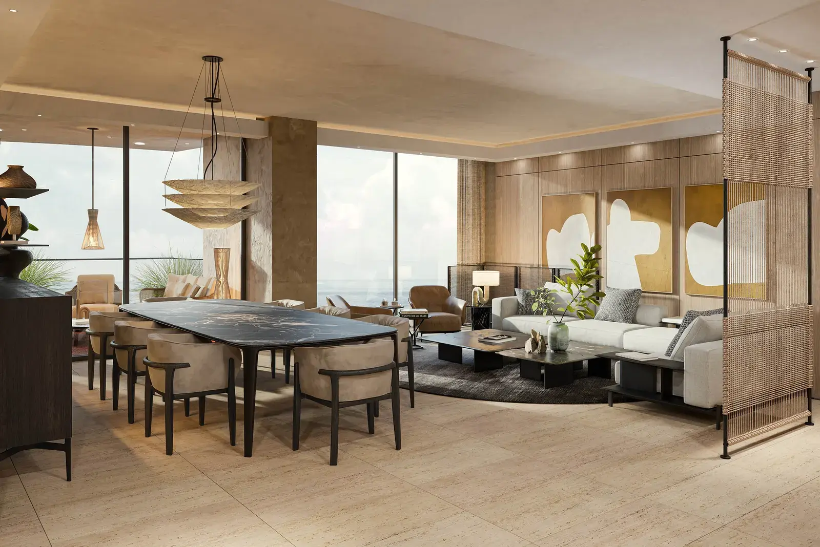 A Tagua living and dining space, with a pendant light over the table and full-height glazing