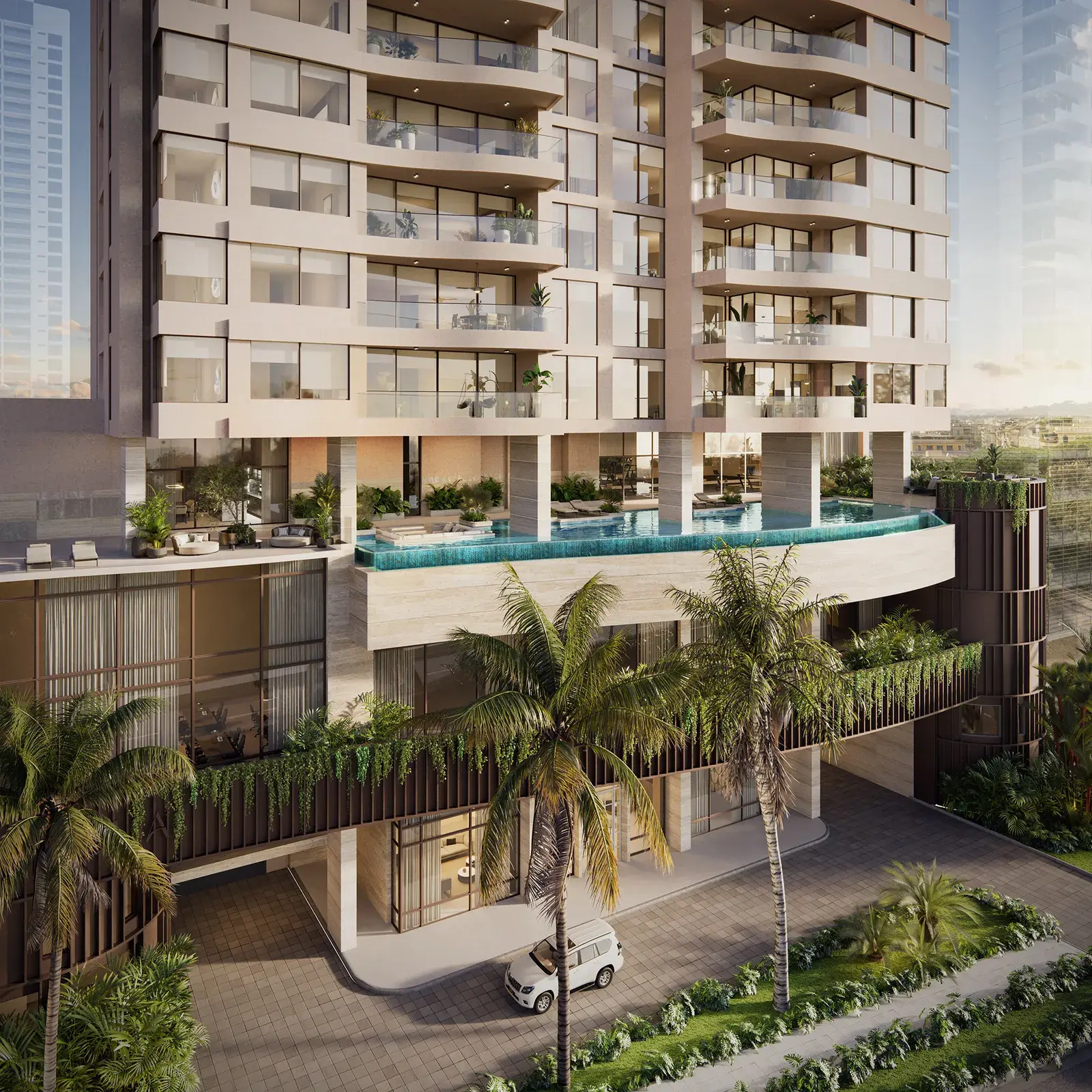 Rendering of Tagua's amenity deck, with a pool set among palms above the street