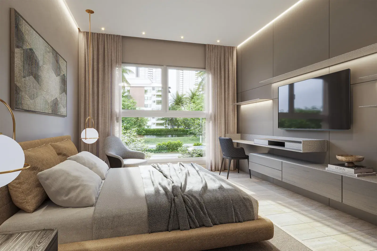 A bedroom at The Woods, with a media wall, desk and window onto the greenery