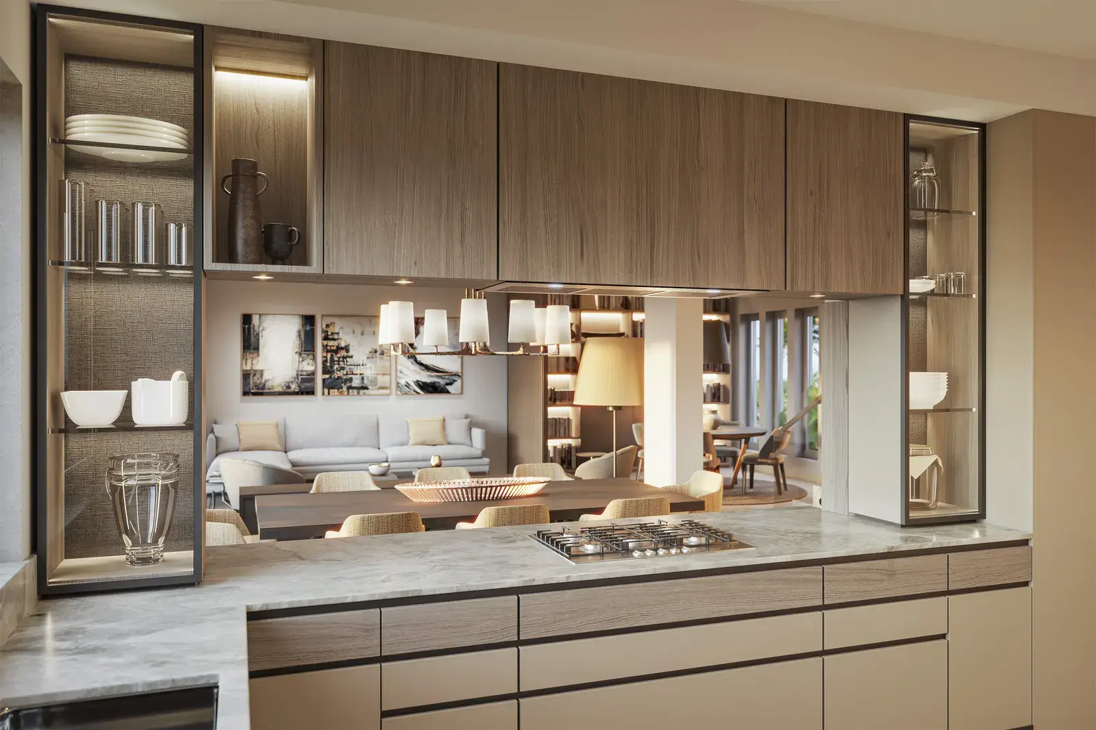 A kitchen at The Woods, with a stone island, glazed display cabinets and a view through to the living room