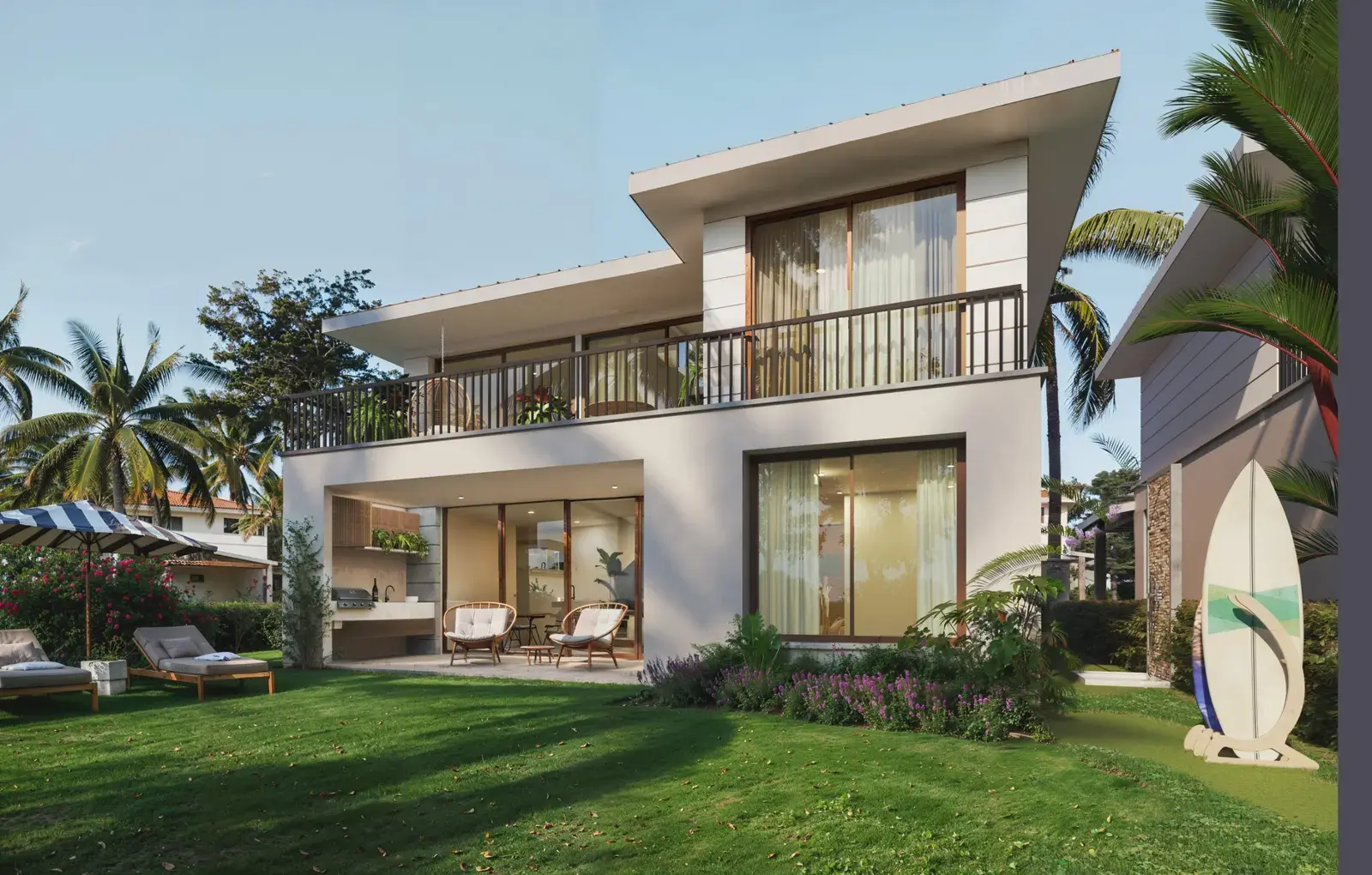 Rendering of a Venao Living villa, a two-storey house with deep balconies set in tropical garden
