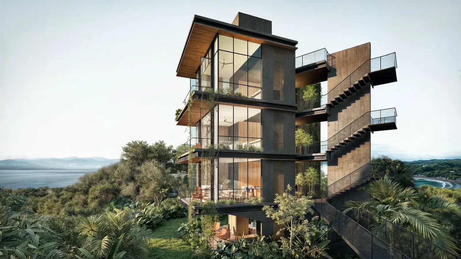 Rendering of a Vervana block, a stepped timber-and-glass building on the hillside above the coast