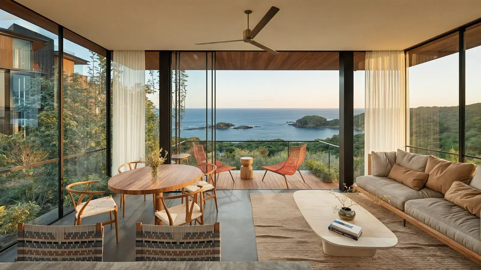 A Vervana interior, with a dining table and sofa opening onto a terrace and the sea beyond
