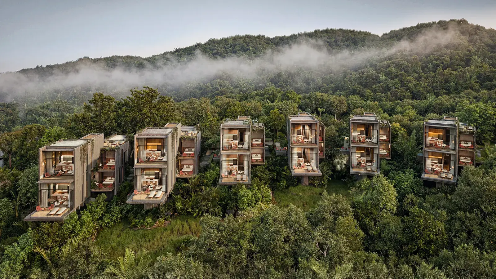 Aerial view of the Vervana buildings set into forested hillside, with mist over the ridge