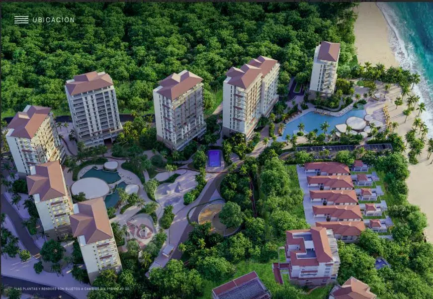 Aerial rendering of the Alamar development: mid-rise apartment buildings, tiled-roof villas and a landscaped pool complex
