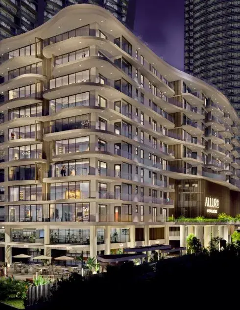 Rendering of the Allure tower's curved glass balconies, with retail units at street level