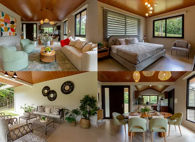 Interiors at Altos del María: a living room under an exposed timber ceiling, a bedroom, and a dining area with windows onto the hills