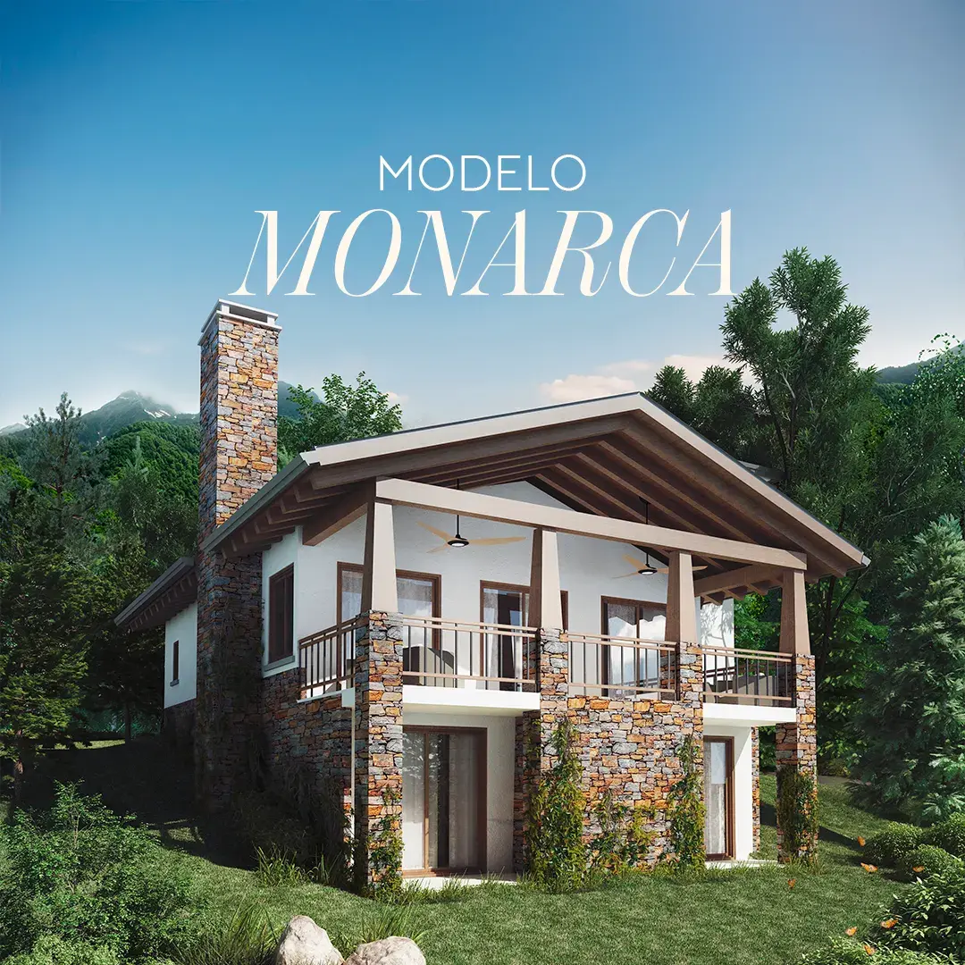 The Monarca model, a two-storey house with a stone chimney and balcony set against forested mountains