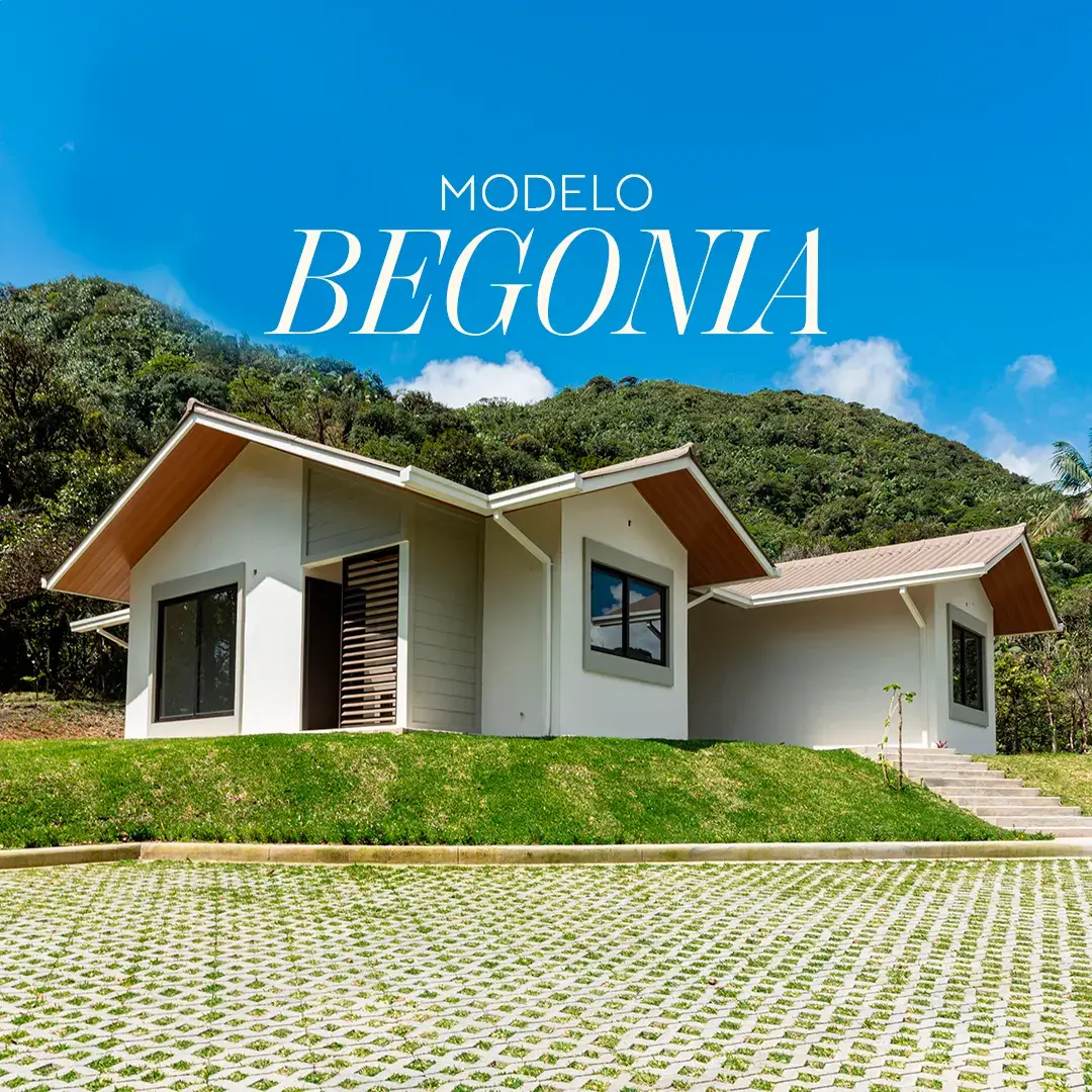 The Begonia model, a single-storey house with gabled roofs and a paved drive, backed by green hillside
