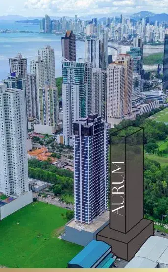 Aerial view over Panama City, with high-rise towers around a large green park