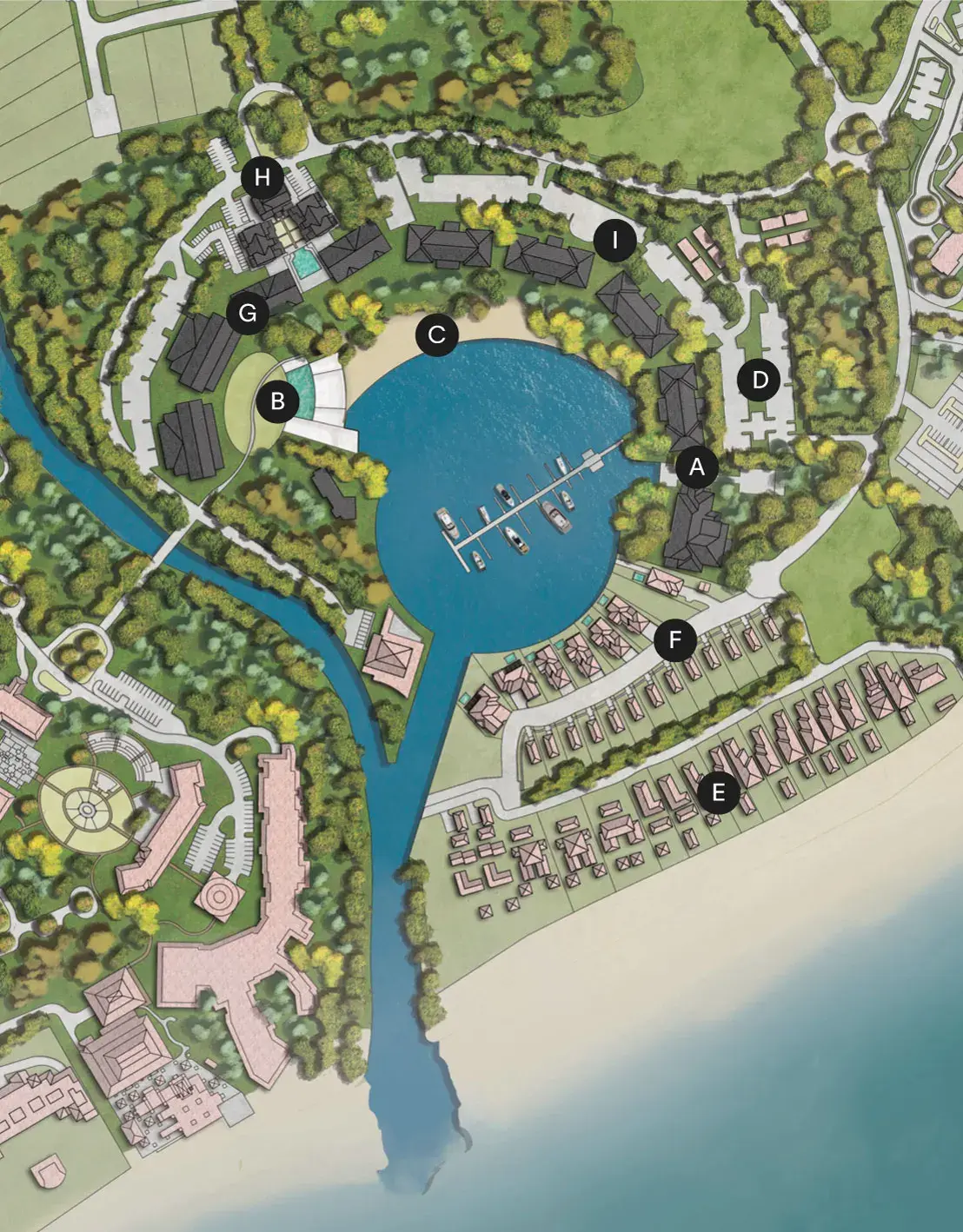 Illustrated masterplan of the Buenaventura resort, showing the marina and the lettered residential zones