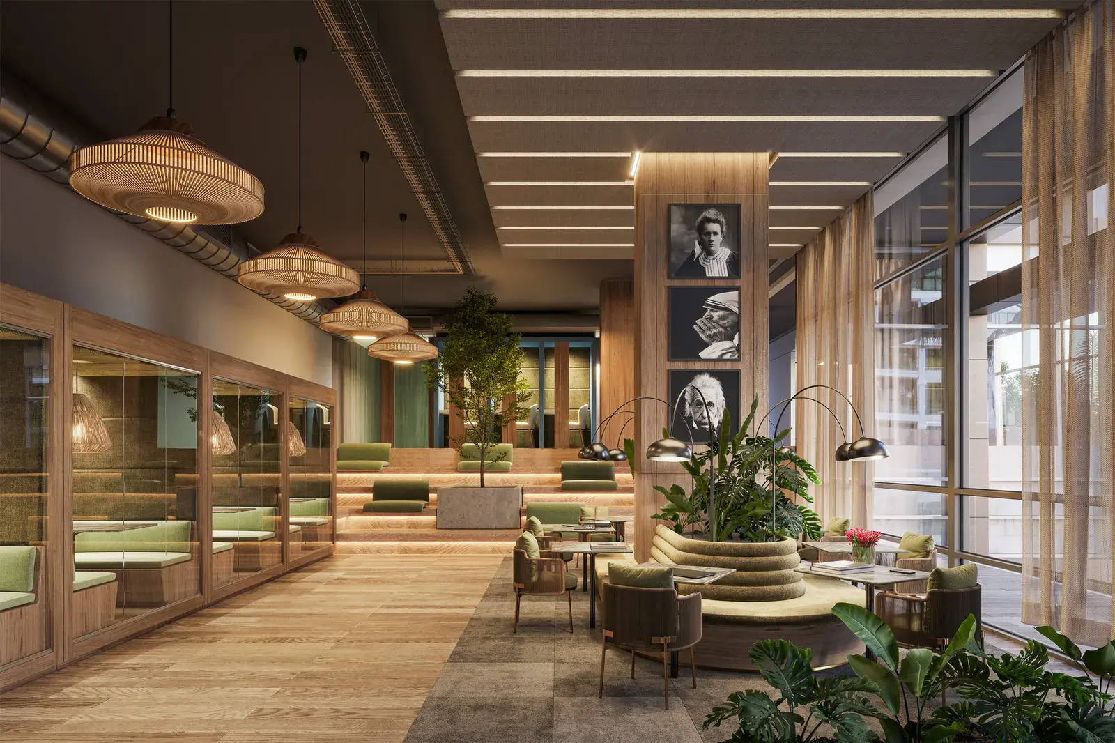 The Corotú residents' lobby, with pendant lighting, lounge seating and planting