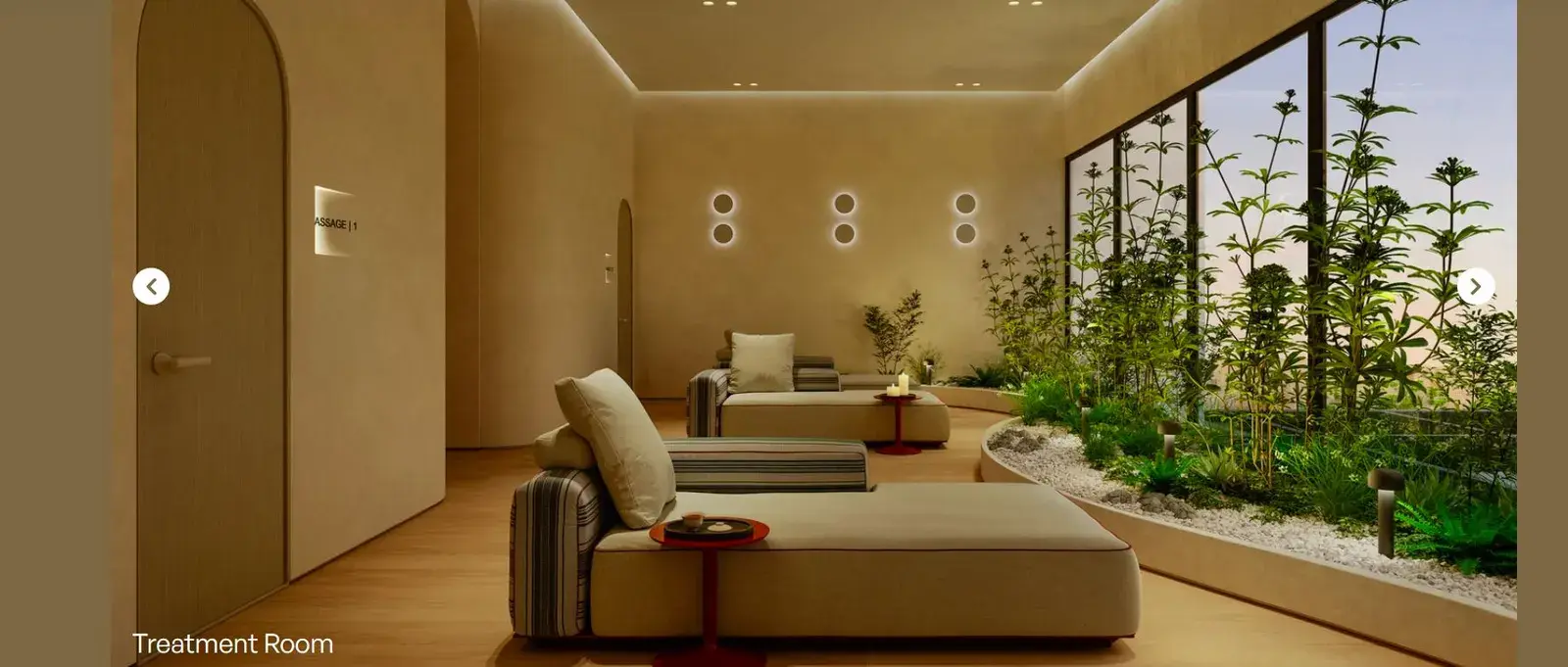 A MOVA relaxation room, with daybeds and loungers facing an internal garden