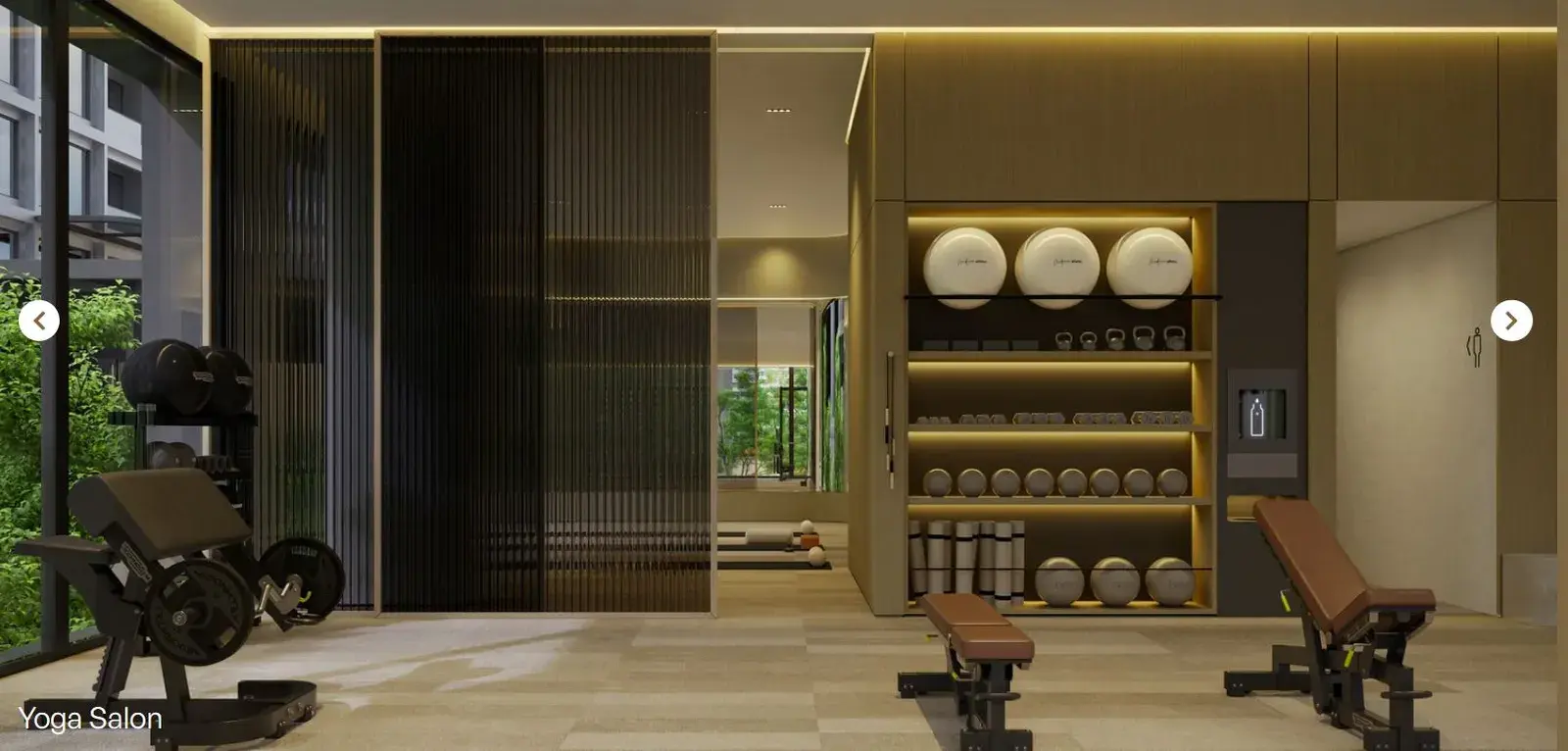 MOVA's weights and studio area, with a dark timber screen and equipment racks