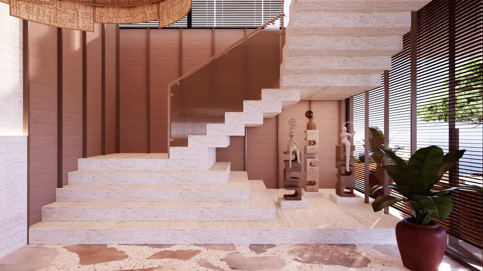 A Nautilus stairwell, with a stone staircase, timber-panelled walls and sculptural pieces