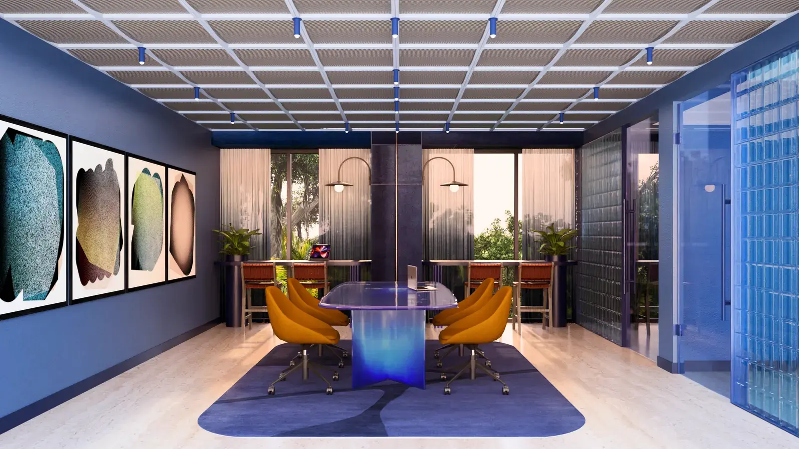 A Nautilus meeting room, with a blue-lit ceiling grid, a boardroom table and yellow chairs