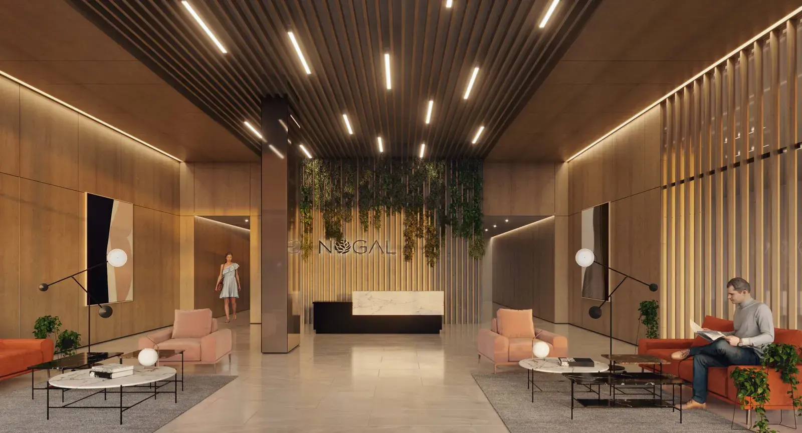 The Nogal lobby, with a reception desk, hanging planting and a slatted timber ceiling