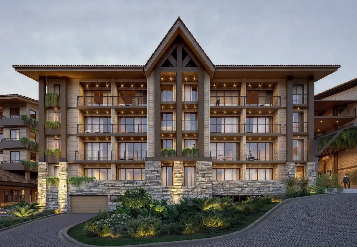 Rendering of the Pino Alto building, a gabled four-storey block in timber and stone