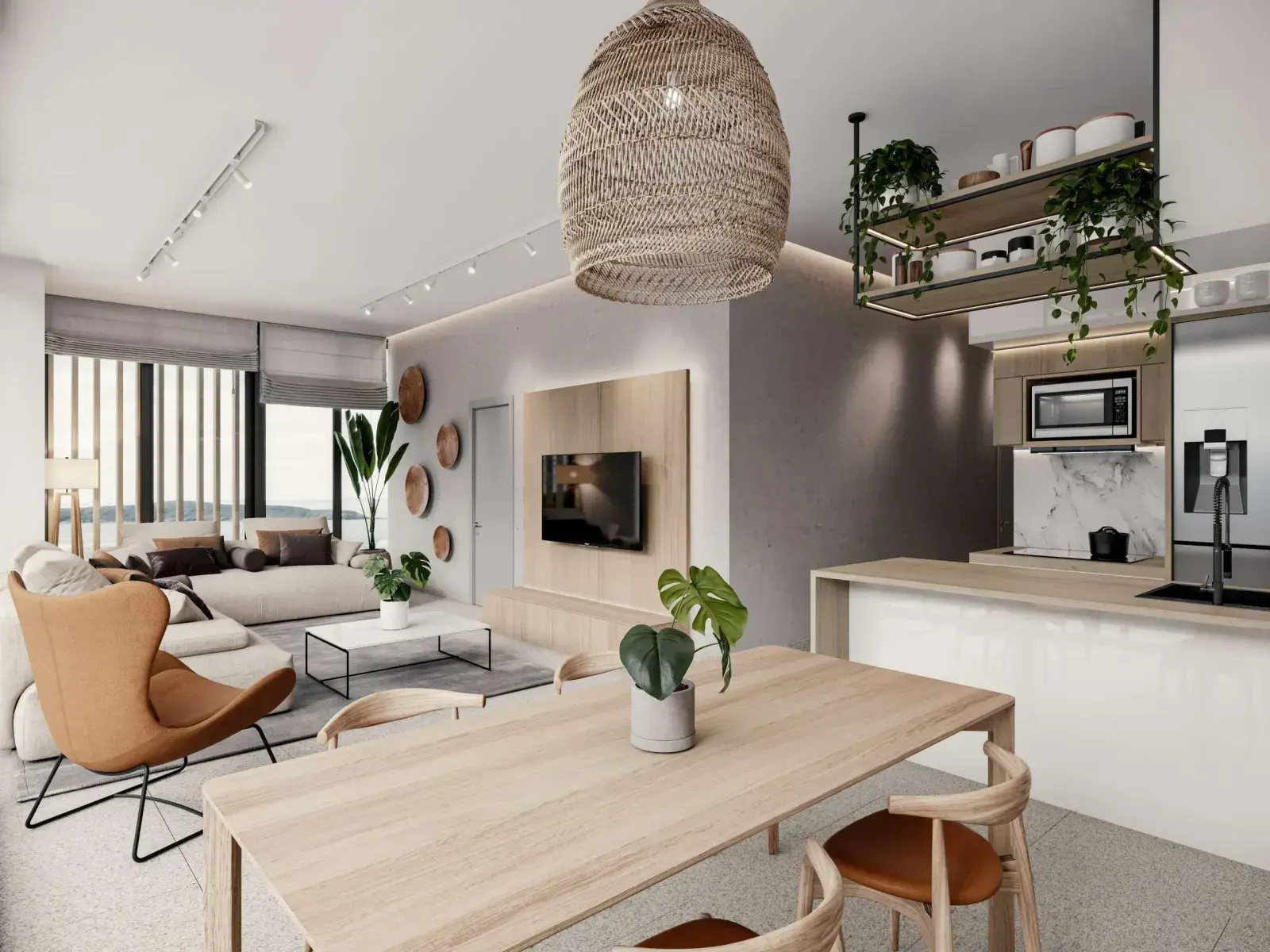 A Westin Residences kitchen and living area, with a woven pendant, island and open shelving