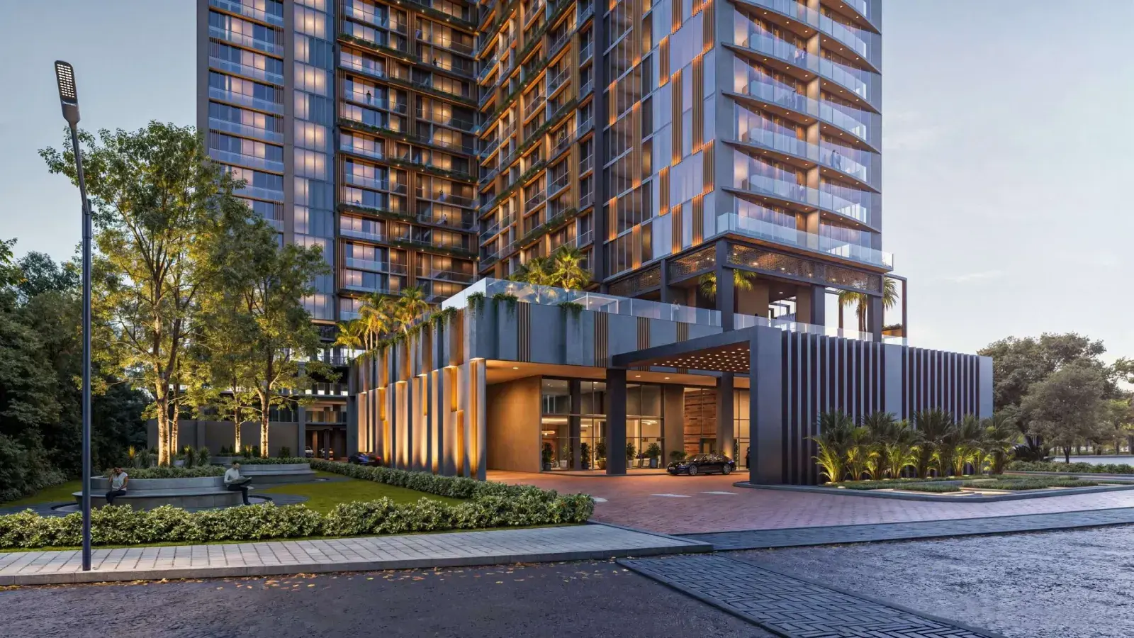 Rendering of the Westin Residences tower and its landscaped entrance at dusk